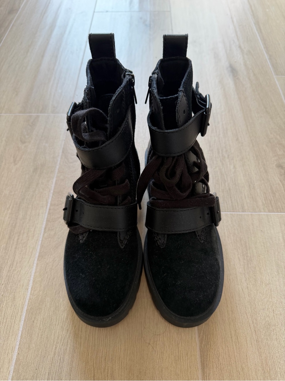 UGG Black Suede Combat Boots with Buckle Straps